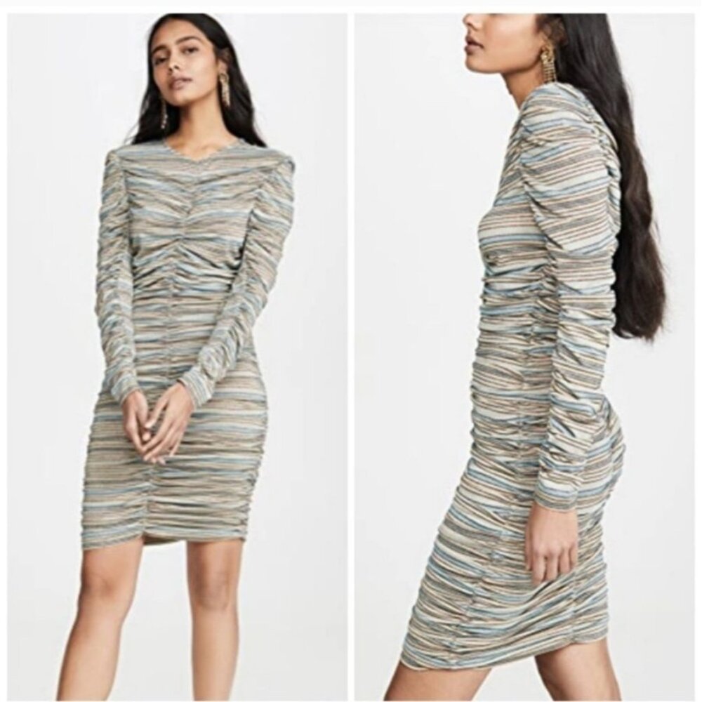 STINE GOYA Striped Ruched Long-Sleeve Mini Dress V-Neck Designer Luxury Sexy‎ XS